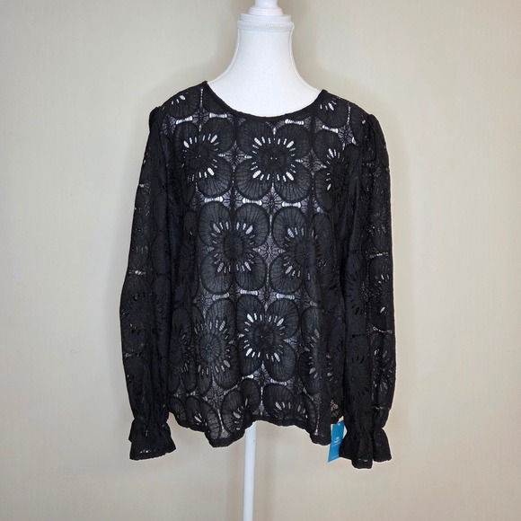 Black Crochet Lace Embroidered Boho Blouse Romantic Coquette NWT Size XL - Picture 3 of 6